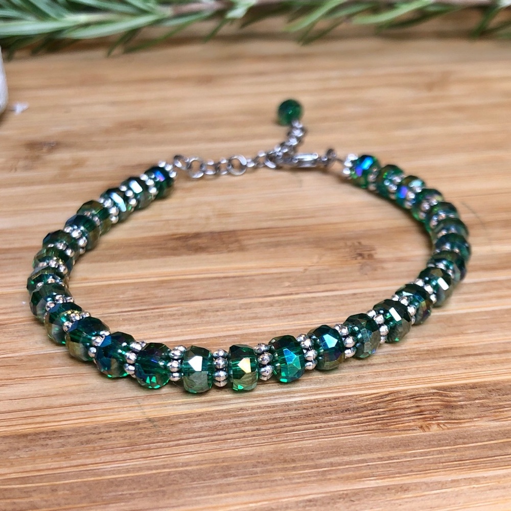 Shimmery Teal Green Glass Beaded Bracelet